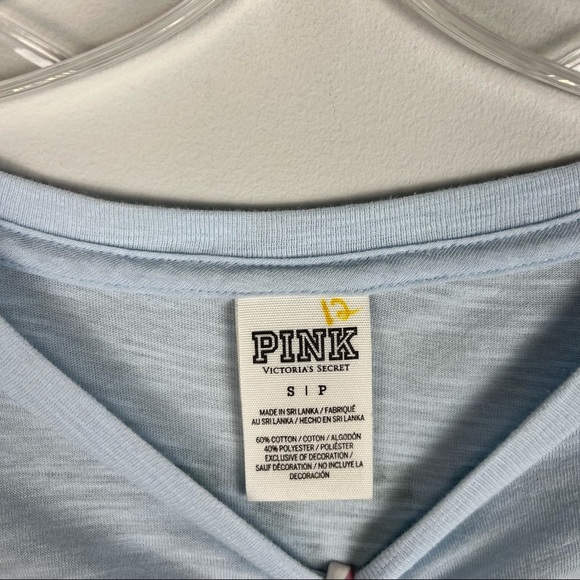 PINK VS Light Pastel Blue 3/4 Sleeve Varsity Fit Campus T-Shirt - Picture 4 of 5